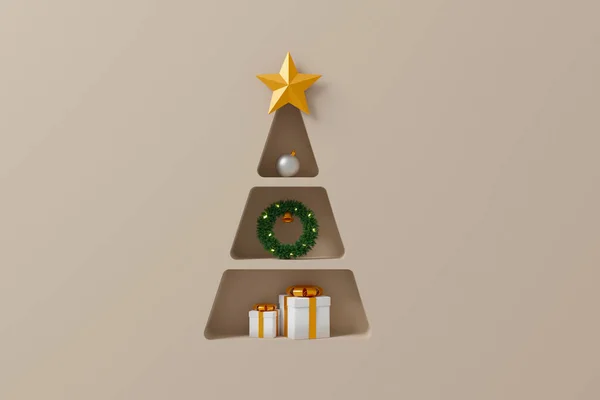 Vrolijk Kerstfeest Gelukkig Nieuwjaarsconcept Achtergrond Plank Kerstboom Vorm Met Geschenkdoos — Stockfoto