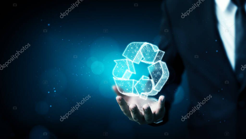 Reuse, reduce, recycle concept. Hand holding icon 3d recycle wireframe