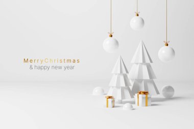 Mutlu Noeller ve mutlu yıllar konsepti. Beyaz arka planda Noel süsü, ağaç, hediye ve top. 3d resimleme