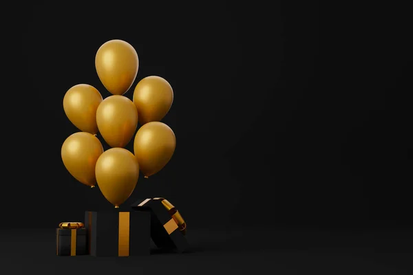 Caixa Presente Preta Com Fita Ouro Balão Sobre Fundo Preto — Fotografia de Stock