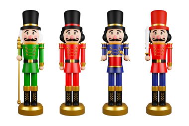 Koleksiyon noel fındıkkıran oyuncak asker geleneksel heykelcik beyaz arka planda izole edilmiş, kırpma yolu da dahil. 3d oluşturma