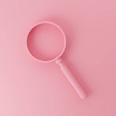 Pembe arka planda büyüteç. İnternet ağı konseptinde akıllı telefondaki bilgi verileri aranıyor. 3d resimleme