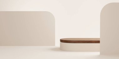 Tahta kürsü ve arka planda bej ışıklandırma stüdyosunun arka planında soyut, minimal sahne. Ürün sunumu, sahneyi taklit et, kozmetik ürün sergisi, podyum, sahne kaidesi. 3d oluşturma