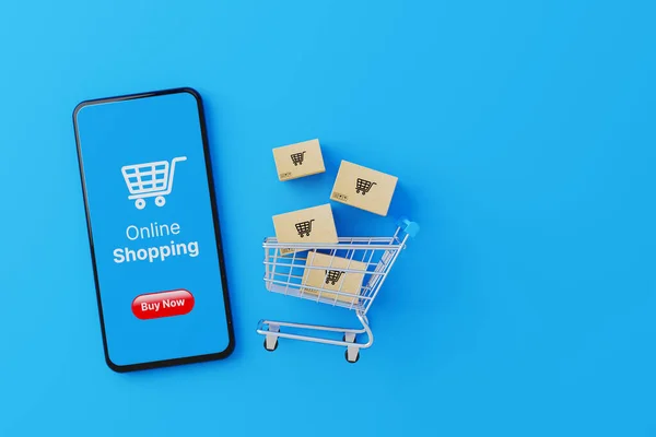 Online shopping concept. Web or mobile application ecommerce. Top view of Smartphone with carton paper box with shopping cart on blue background. 3d rendering