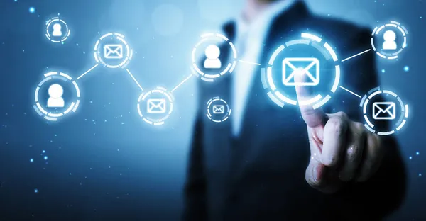 Automação Mail Marketing Boletim Informativo Subscrever Conceito Empresário Mão Apontando — Fotografia de Stock