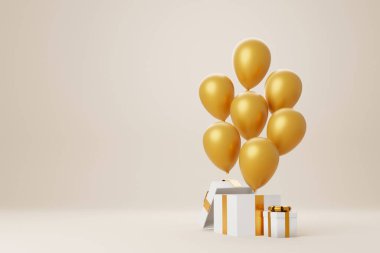 Altın kurdeleli beyaz hediye kutusu ve lüks kremalı balon. Kopya alanı olan minimal tasarım. 3d oluşturma