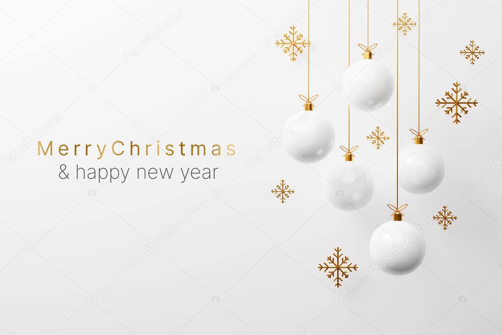 Merry christmas and happy new year concept. White christmas ball bauble decoration hanging with empty space. 3d rendering illustration