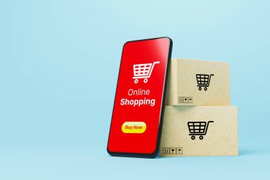 İnternetten alışveriş konsepti. Web ya da mobil uygulama ekommerce. Mavi arka planda akıllı telefon ve karton kutu. 3d oluşturma