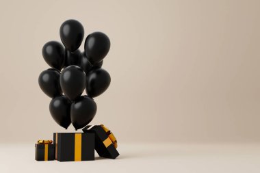 Altın kurdeleli siyah hediye kutusu ve lüks arka planda siyah balon. Minimum tasarım. Kara Cuma alışveriş festivali. 3d oluşturma