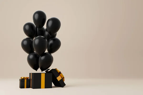 Czarne Pudełko Złotą Wstążką Czarnym Balonem Luksusowym Tle Minimalny Projekt — Zdjęcie stockowe