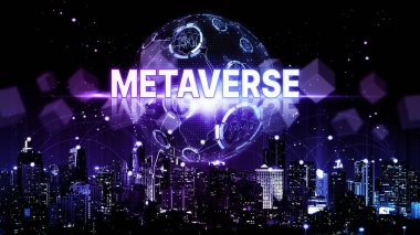 Metaverse dünya sanal gerçeklik teknolojisi kavramı. Şeylerin interneti (IoT). Gelecekçi iş finans engelleme zinciri