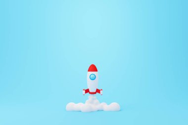 Yaratıcı düşünceler ve yenilik kavramı. Mavi arka planda roket uçuşu. 3d resimleme