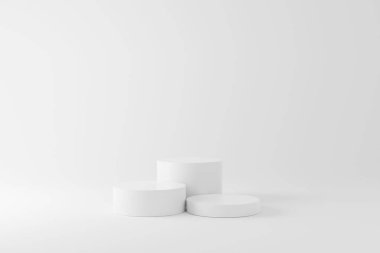 Beyaz stüdyo ışıklandırma arka planında geometri podyumu olan soyut minimal sahne. Ürün sunumu, sahneyi taklit et, kozmetik ürün sergisi, podyum, sahne kaidesi. 3d oluşturma