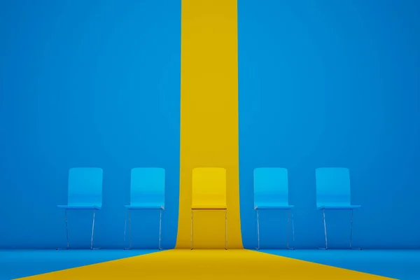 Выдающееся Кресло Ряд Жёлтый Стул Выделяется Толпы Управление Человеческими Ресурсами — стоковое фото