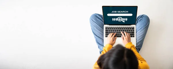 Top View Woman Sitting Floor Using Laptop Job Search Online — Foto Stock