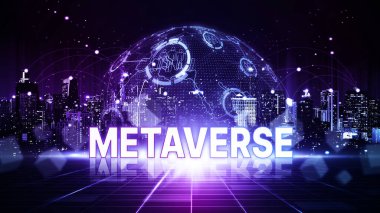 Metaverse dünya sanal gerçeklik teknolojisi kavramı. Şeylerin interneti (IoT). Gelecekçi iş finans engelleme zinciri
