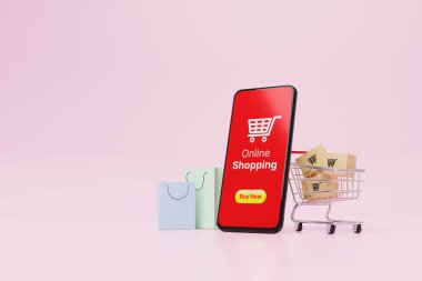 Online shopping concept. Web or mobile application ecommerce. Smartphone and carton paper box in shopping cart and shopping bag on pink background. 3d rendering