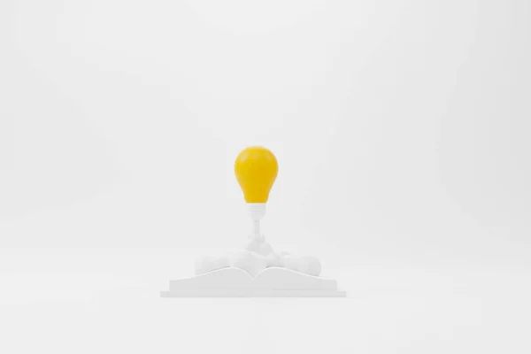 創造的な思考のアイデアと革新の概念 ロケット電球を背景に本を飛んでいます 3Dレンダリング図 — ストック写真