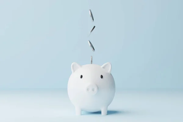 Bespaar Geld Investeringsconcept Piggy Bank Zilveren Munten Vallen Weergave Illustratie — Stockfoto