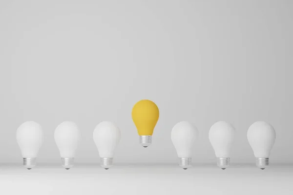 灯泡白色中突出的灯泡黄色 创意和创新 3D说明 — 图库照片