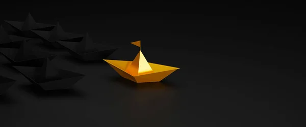 Führungskonzept Goldfarbenes Papierschiff Auf Schwarzem Hintergrund Darstellung — Stockfoto
