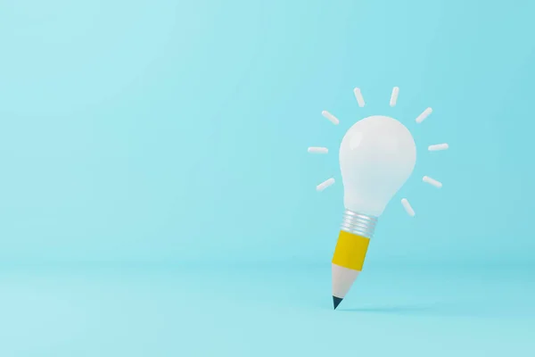 浅蓝色背景上的极小灯泡和铅笔 创新思维理念和创新理念 3D插图 — 图库照片