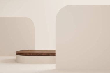 Tahta kürsü ve arka planda bej ışıklandırma stüdyosunun arka planında soyut, minimal sahne. Ürün sunumu, sahneyi taklit et, kozmetik ürün sergisi, podyum, sahne kaidesi. 3d oluşturma