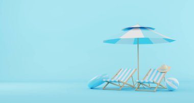 Mavi plaj şemsiyesi, plaj topu, yüzme yüzüğü ve mavi arka planda plaj sandalyesi. Yaz seyahati ve tatil konsepti. 3d illüstrasyon