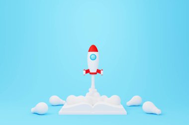 Yaratıcı düşünceler ve yenilik kavramı. Roket, kitaptan fırlayıp mavi arka plana duman püskürtüyor. 3d resimleme