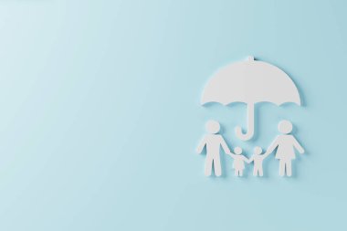 Sağlık sigortası aile kavramı. Açık mavi zemin üzerinde ikon aile ve şemsiye üst görünümü. 3d oluşturma