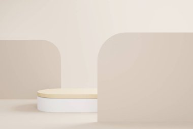 Tahta kürsü ve arka planda bej ışıklandırma stüdyosunun arka planında soyut, minimal sahne. Ürün sunumu, sahneyi taklit et, kozmetik ürün sergisi, podyum, sahne kaidesi. 3d oluşturma
