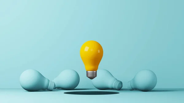 灯泡黄色漂浮在明亮的灯泡蓝色背景中 创意和创新的概念 独具特色 思维不同 独树一帜 脱颖而出 3D说明 — 图库照片