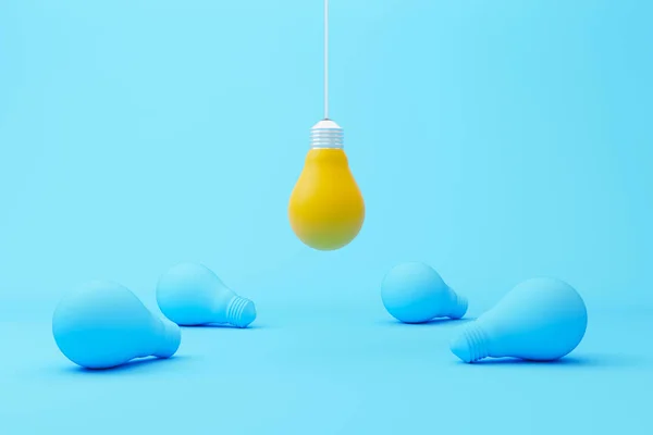 灯泡组之间悬挂灯泡黄色突出 创意和创新的概念 独具特色 思维不同 独树一帜 脱颖而出 3D渲染说明 — 图库照片