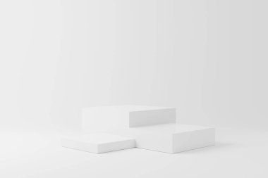 Beyaz stüdyo ışıklandırma arka planında geometri podyumu olan soyut minimal sahne. Ürün sunumu, sahneyi taklit et, kozmetik ürün sergisi, podyum, sahne kaidesi. 3d oluşturma