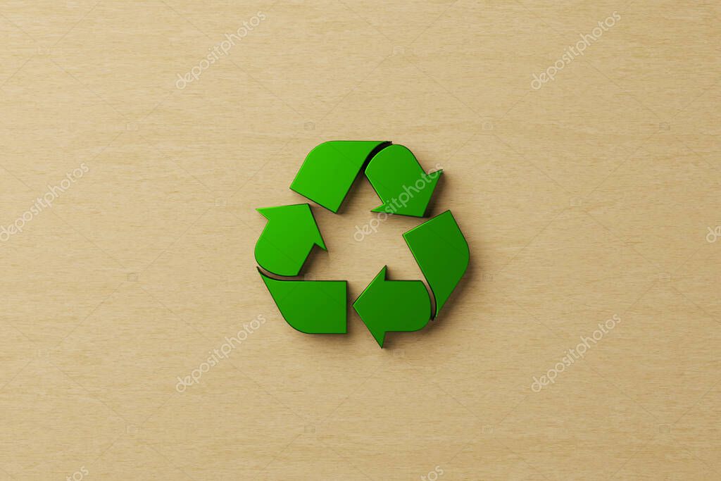 Reuse, reduce, recycle concept. Top view of recycle symbol on wooden background. 3D illustration
