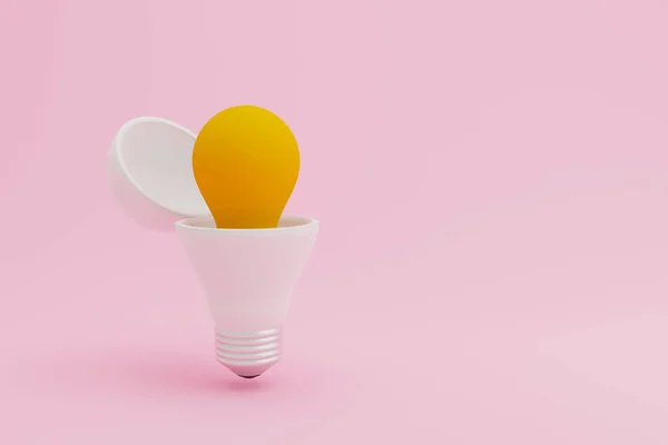 白色灯泡内的黄色灯泡 粉色背景 创新思维理念和创新理念 3D渲染说明 — 图库照片