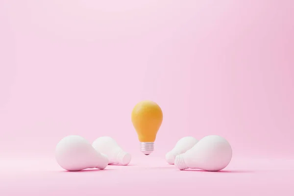 灯泡组的灯泡黄色突出 创意和创新的概念 独具特色 思维不同 独树一帜 脱颖而出 3D渲染说明 — 图库照片