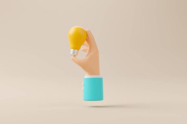 Arka planda el ele tutuşan ampul. Düşünmek, yaratıcı düşünmek iyi fikirler ve yenilik kavramı. 3d resimleme