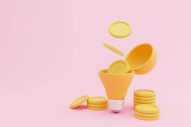 Altın sikkeler pembe arka planda sarı ampulün içine düşüyor. Bilgiye yatırım kavramı. 3d resimleme