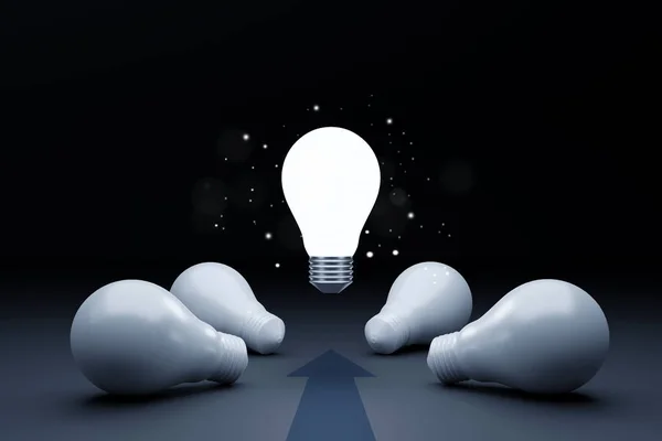Glödlampa Lysande Enastående Bland Glödlampa Vit Bakgrund Begreppet Kreativ Idé — Stockfoto