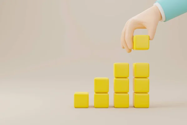 Hand arranging yellow block stacking as step stair on background. Business concept for growth success process. 3d rendering