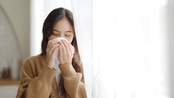 Ung Asiatisk Kvinna Som Står Bredvid Fönstret Och Håller Mugg — Stockvideo