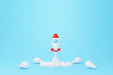 Yaratıcı düşünceler ve yenilik kavramı. Roket mavi arka planda ve beyaz ampulde uçuyor. 3d resimleme