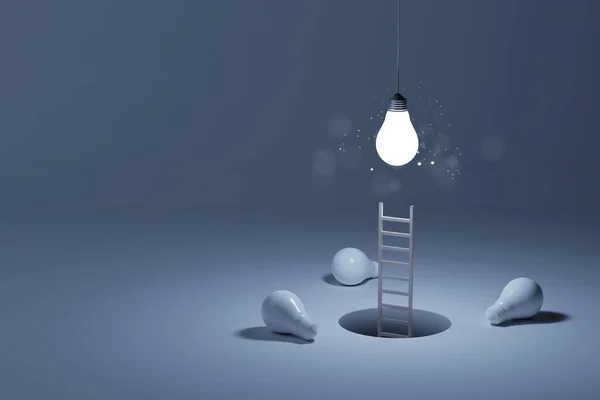 Light bulb bright outstanding among lightbulb with ladder on white background. Concept of creative idea and inspire innovation, Think different, Standing out from the crowd. 3d rendering