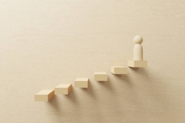 Growth or increase design concept. Cube block staircase moving step growing up with wood human on top. Success achievement or goal business motivation. 3d illustration