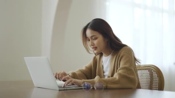 Excited Asian Female Feeling Euphoric Celebrating Online Win Success Achievement — Stock Video