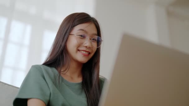 Smiling Young Asian Woman Working Laptop Home Attractive Asia Female — Stock Video