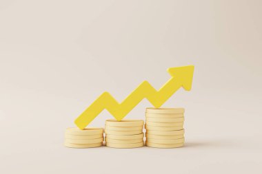 Bozuk paraların büyümesi ok işareti ile para değerini arttırır. Para ve yatırım kavramından tasarruf et. 3d resimleme