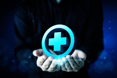 Businessman hand holding plus sign means to offer positive thing, like benefits, personal development, social network, healthcare