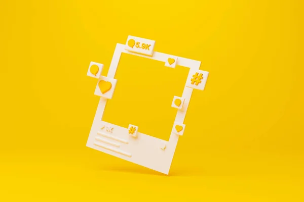 Social Media Photo Frame Heart Comment Hashtag Icon Yellow Background — Foto Stock